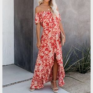 Marisol Off the Shoulder High Low Maxi Dress